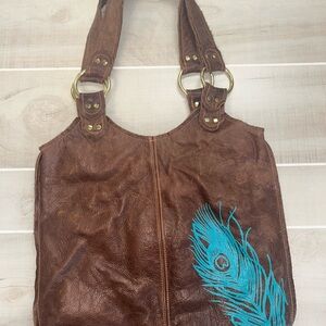 Brown Leather Shoulder Bag with Teal Feather Accent
